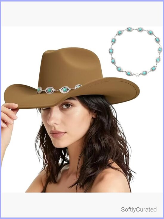 Classic Felt Cowboy Hat with Turquoise Chain Band - Wide Brim